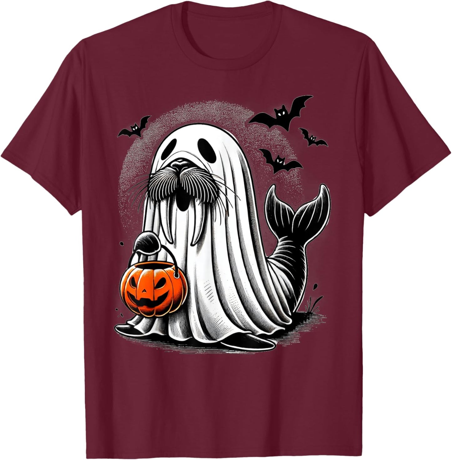 Funny Halloween Seal Ghost Costume Walrus Holding Pumpkin T-Shirt - T-Shirt | Maroon