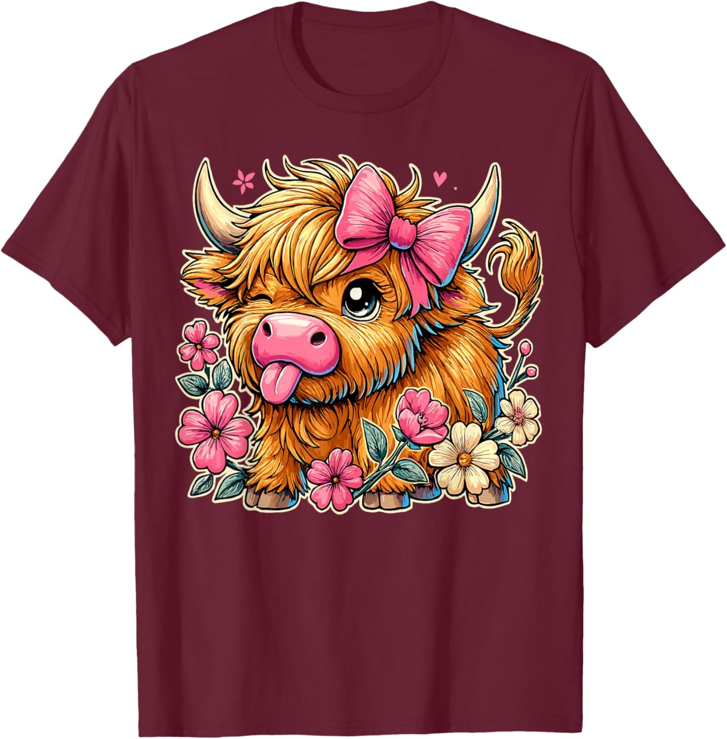 Cute Highland Cow with Bow and Flowers T-Shirt - T-Shirt | Maroon