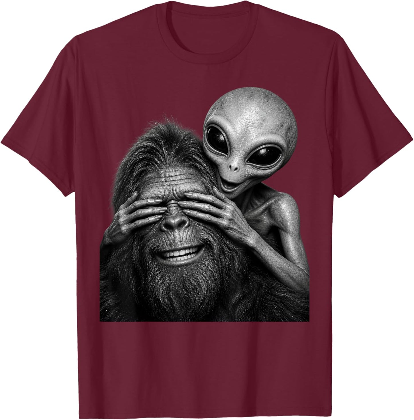 Alien Bigfoot See No Evil Funny Sasquatch UFO Conspiracy T-Shirt - T-Shirt | Maroon