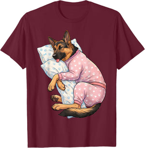 Cute German Shepherd Dog Sleeping in Pajamas Bedtime Art T-Shirt - T-Shirt | Maroon