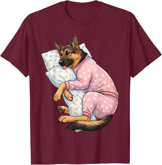Cute German Shepherd Dog Sleeping in Pajamas Bedtime Art T-Shirt - T-Shirt | Maroon