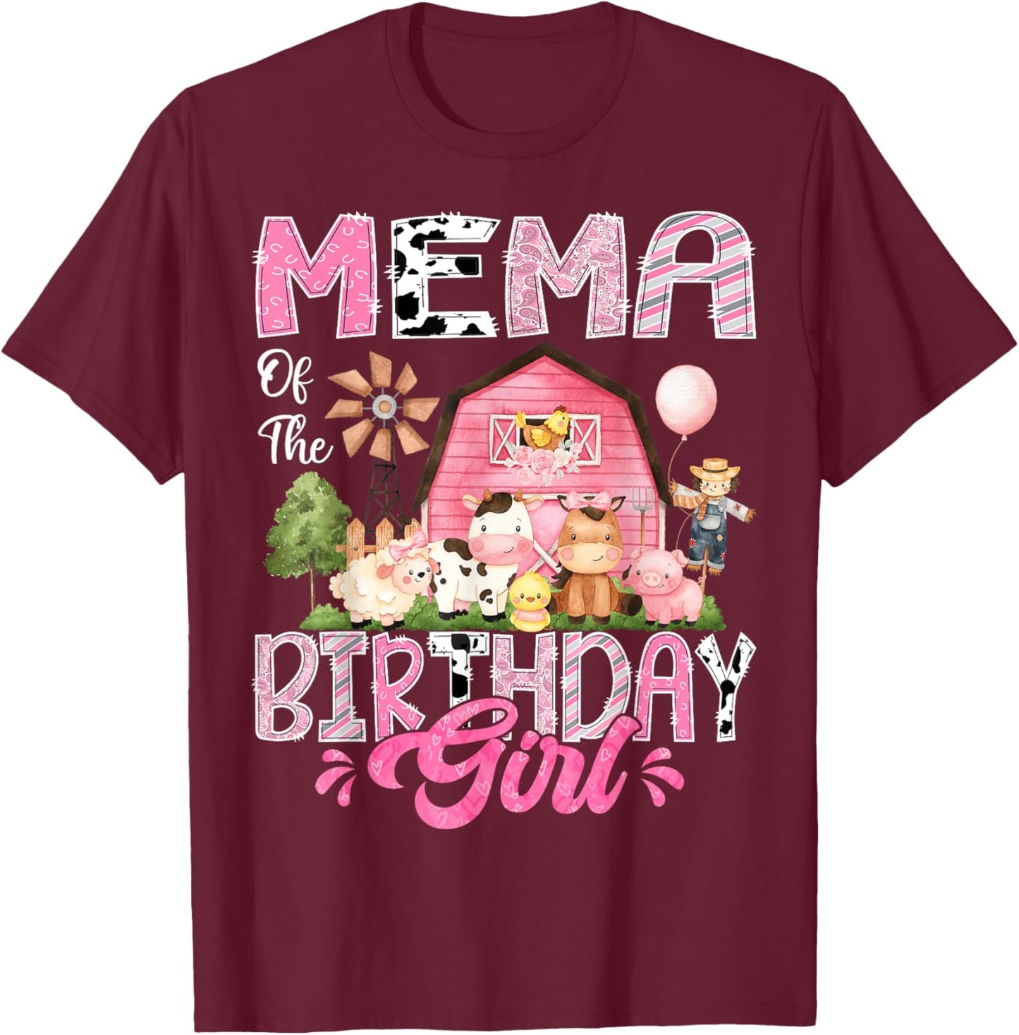 Mema Of The Birthday Girl Pink Farm Cow First Birthday T-Shirt - T-Shirt | Maroon