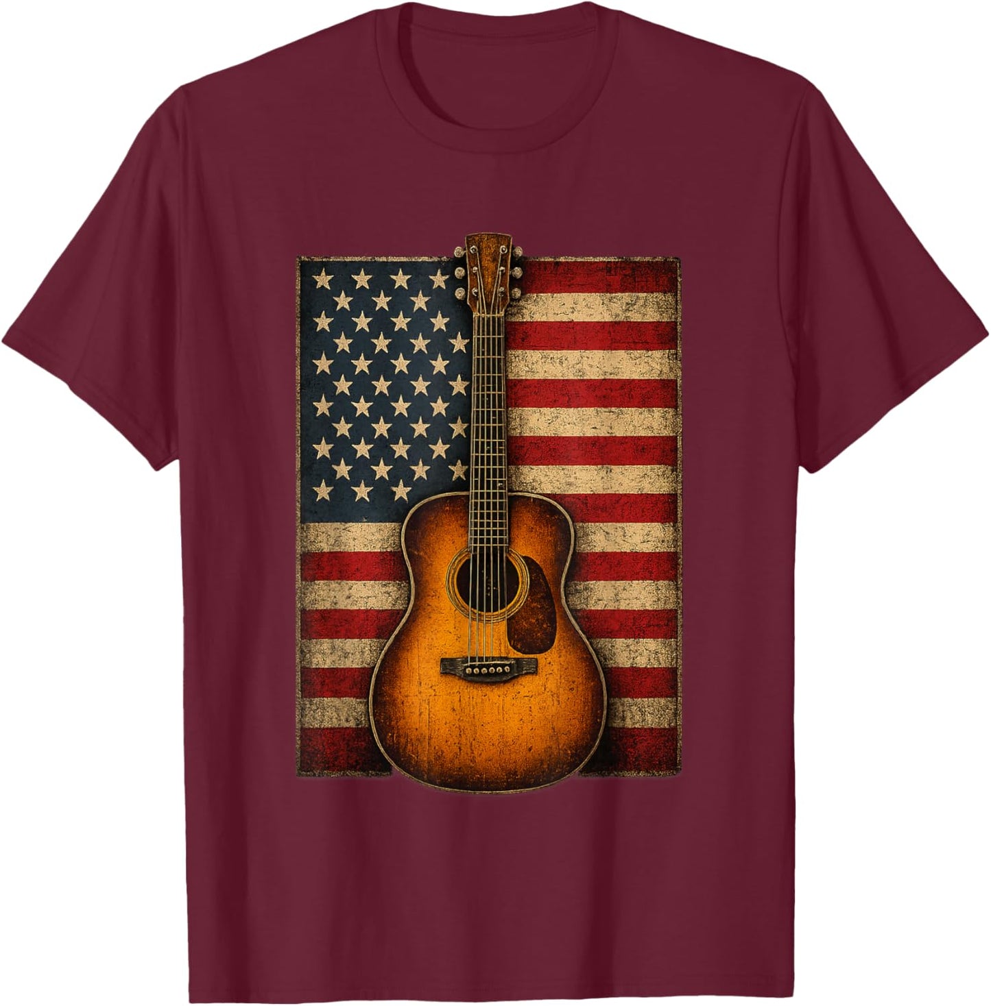 Guitar 4th of July American Flag USA Country Music T-Shirt - T-Shirt | Maroon