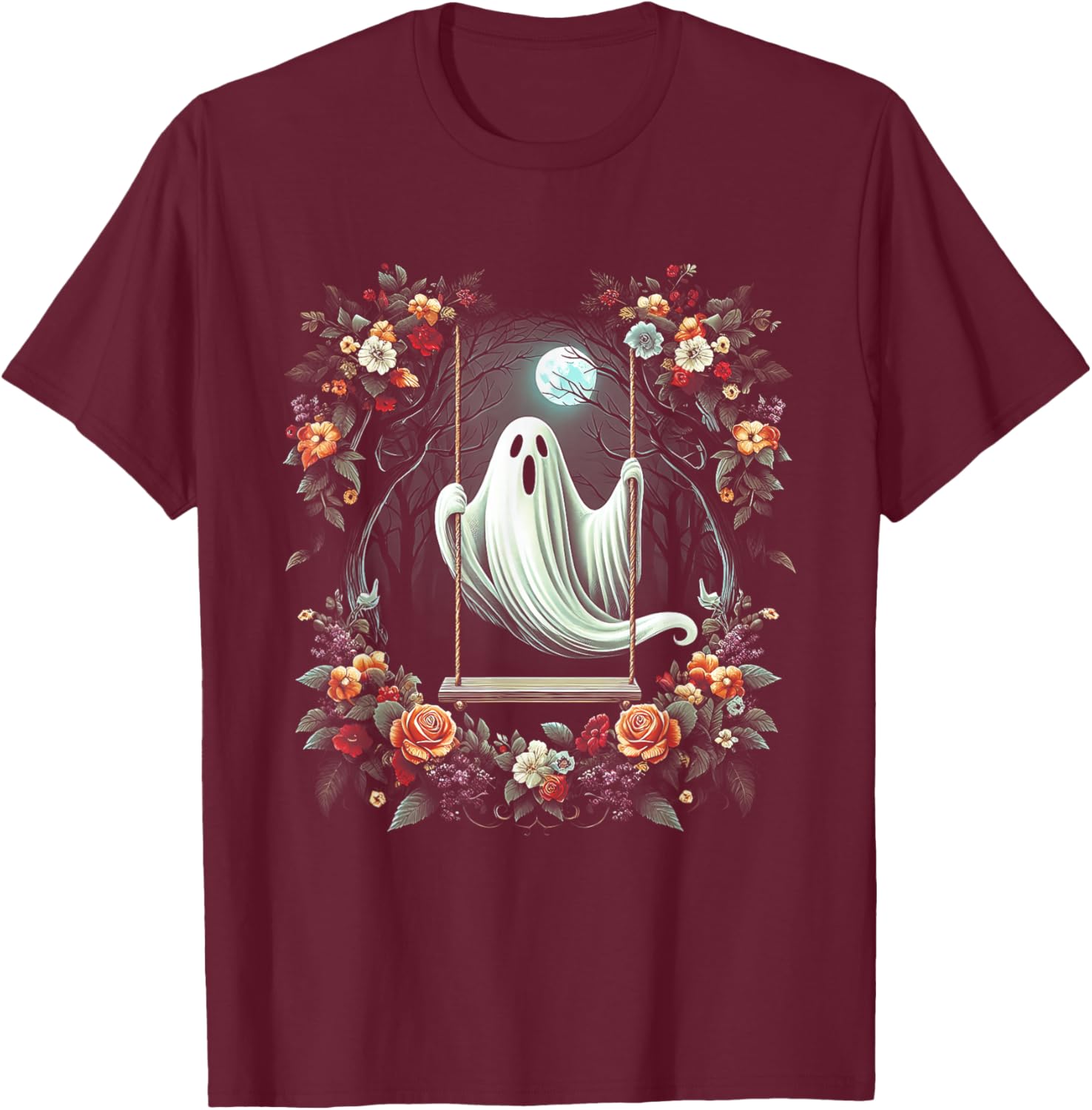 Vintage Floral Ghost On Swing In Forest Halloween Gothic T-Shirt - T-Shirt | Maroon