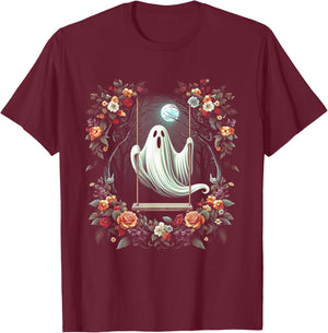 Vintage Floral Ghost On Swing In Forest Halloween Gothic T-Shirt - T-Shirt | Maroon