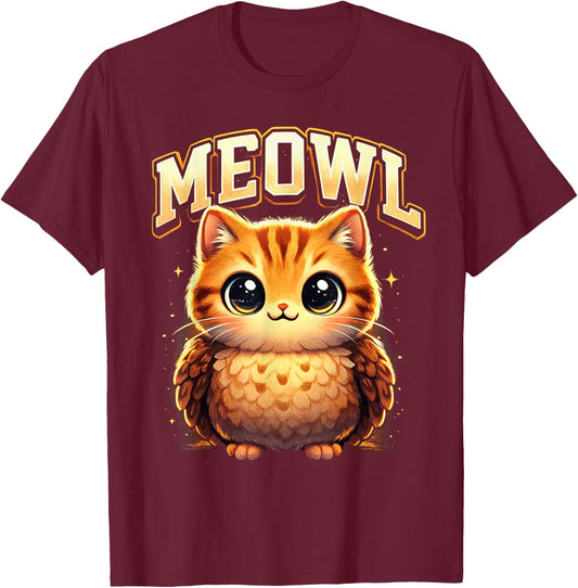 Meowl Funny Meow Cat Owl Brainrot Meme Teen Kids T-Shirt - T-Shirt | Maroon