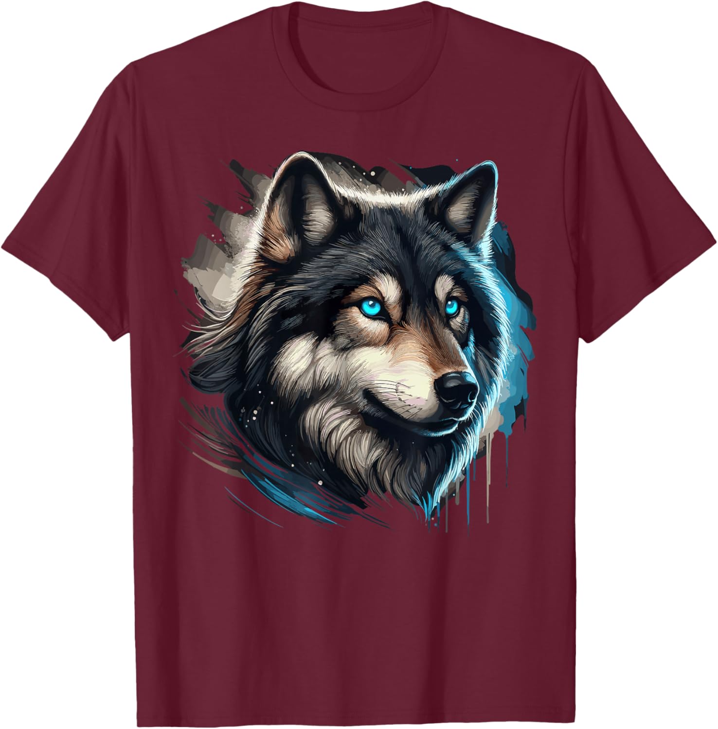 Wolf with Blue Eyes T-Shirt - T-Shirt | Maroon