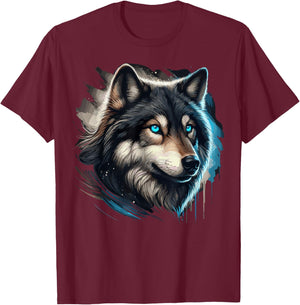 Wolf with Blue Eyes T-Shirt - T-Shirt | Maroon