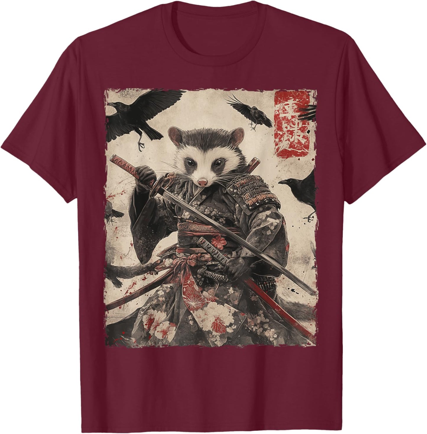 Opossum Possum Samurai Graphic Japanese Warrior Anime T-Shirt - T-Shirt | Maroon