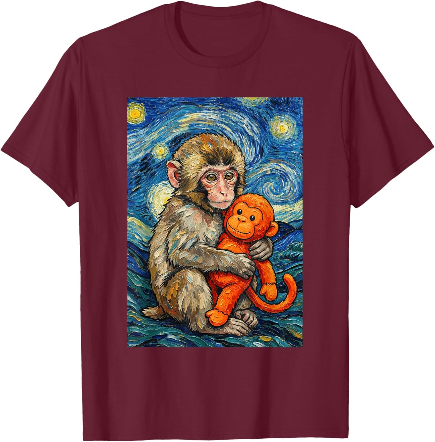 Cute Baby Monkey Punch Meme Starry Night Van Gogh T-Shirt - T-Shirt | Maroon