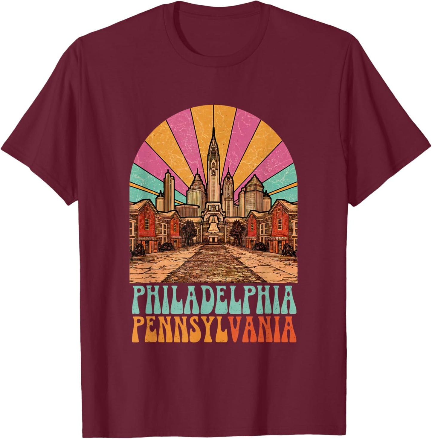 Vintage Philadelphia Pennsylvania Skyline Cityscape Retro T-Shirt - T-Shirt | Maroon
