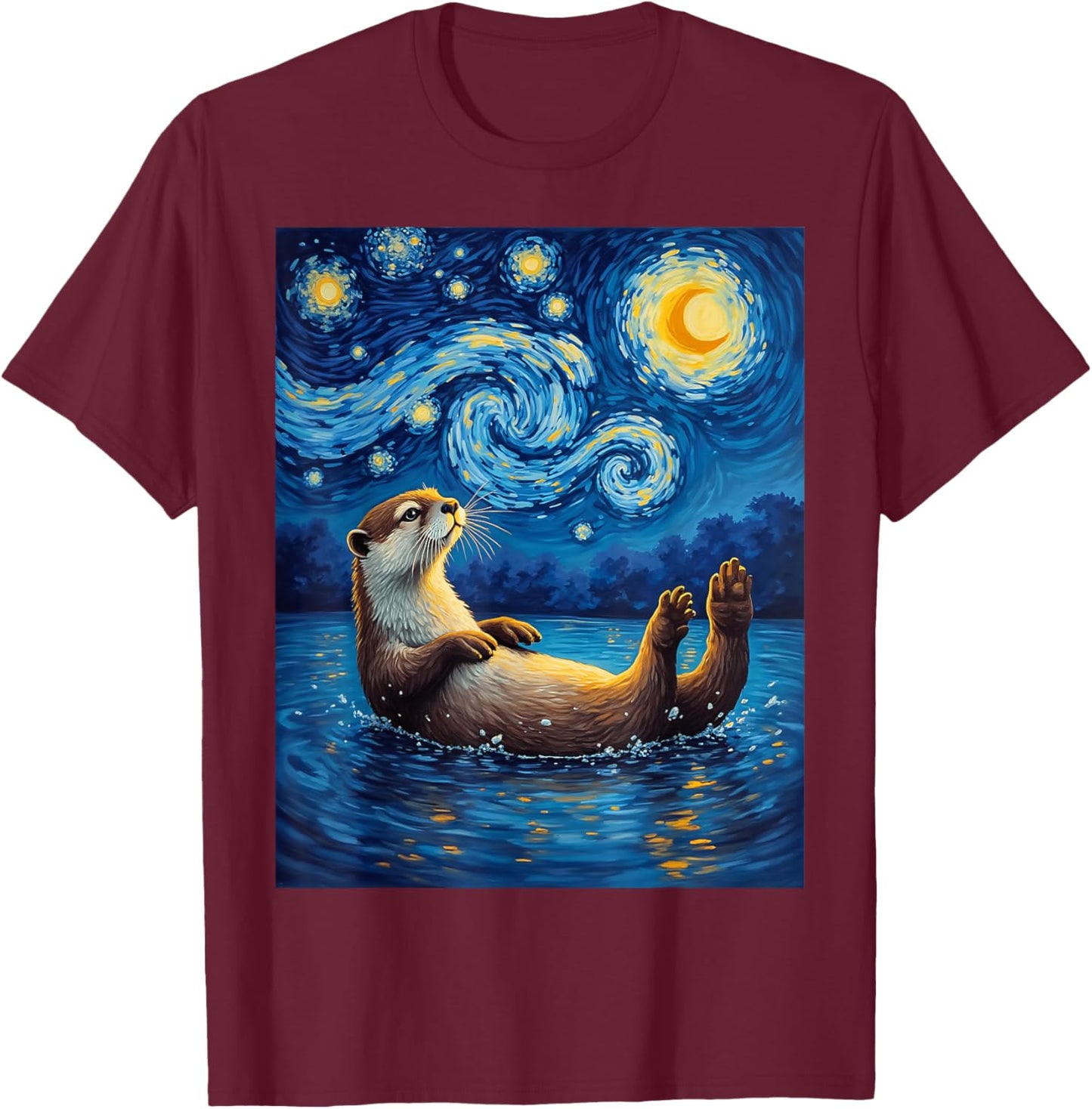 Van Gogh's Starry Night River Otter Water Weasel Animal T-Shirt - T-Shirt | Maroon