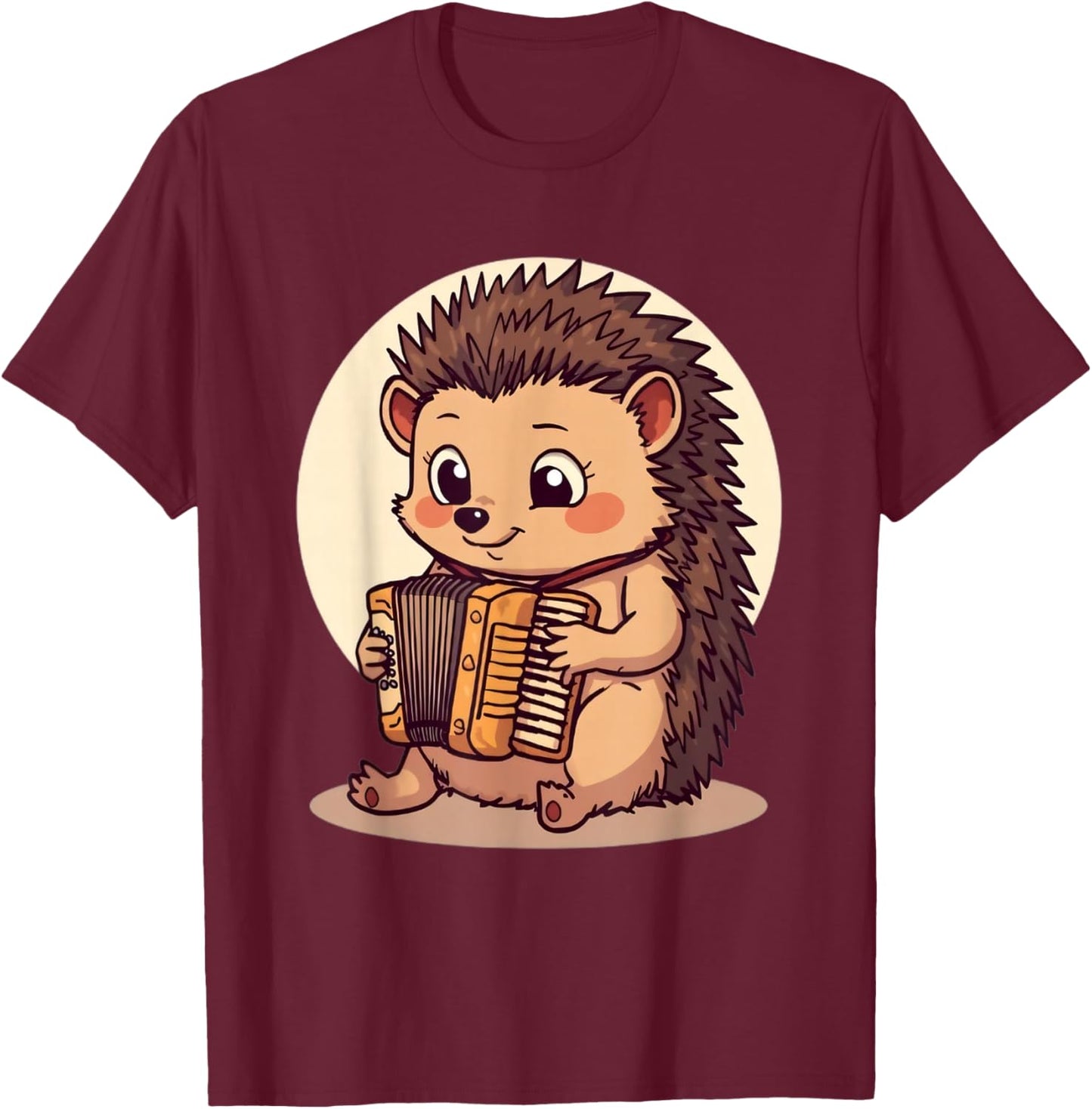 Adorable Hedgehog Playing Accordion in Cozy Style T-Shirt - T-Shirt | Maroon