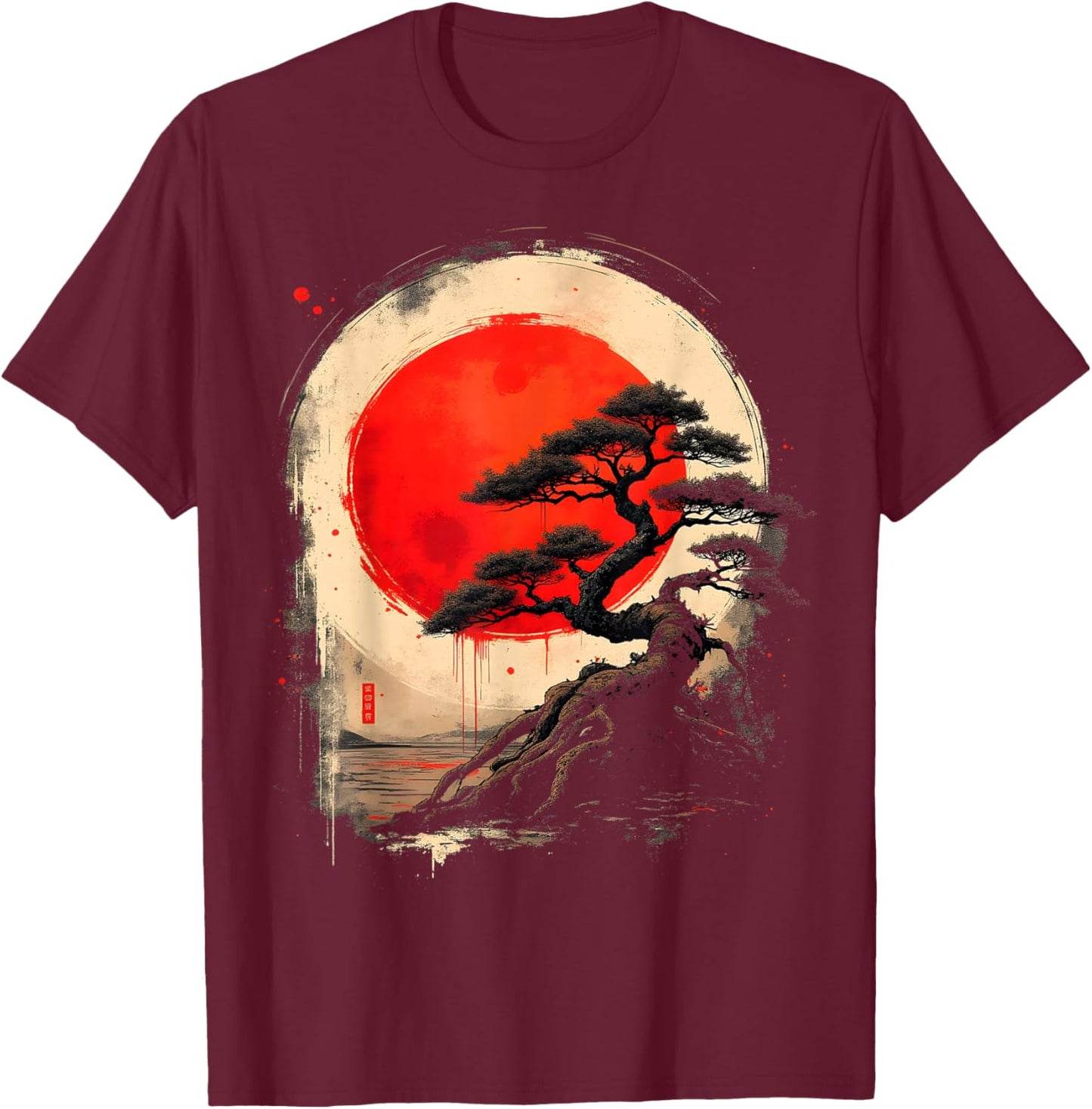Japanese Bonsai Tree Zen Art Vintage T-Shirt - T-Shirt | Maroon