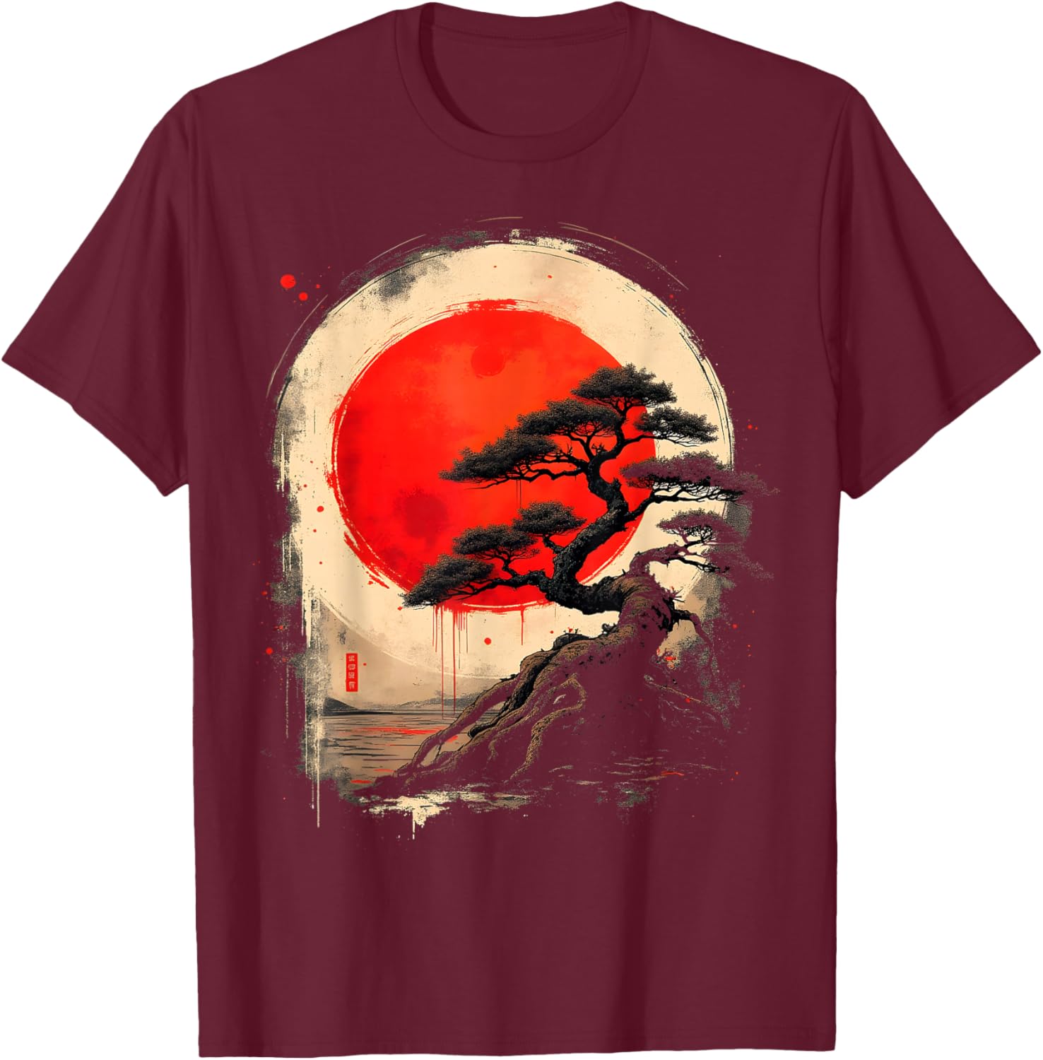Japanese Bonsai Tree Zen Art Vintage T-Shirt - T-Shirt | Maroon