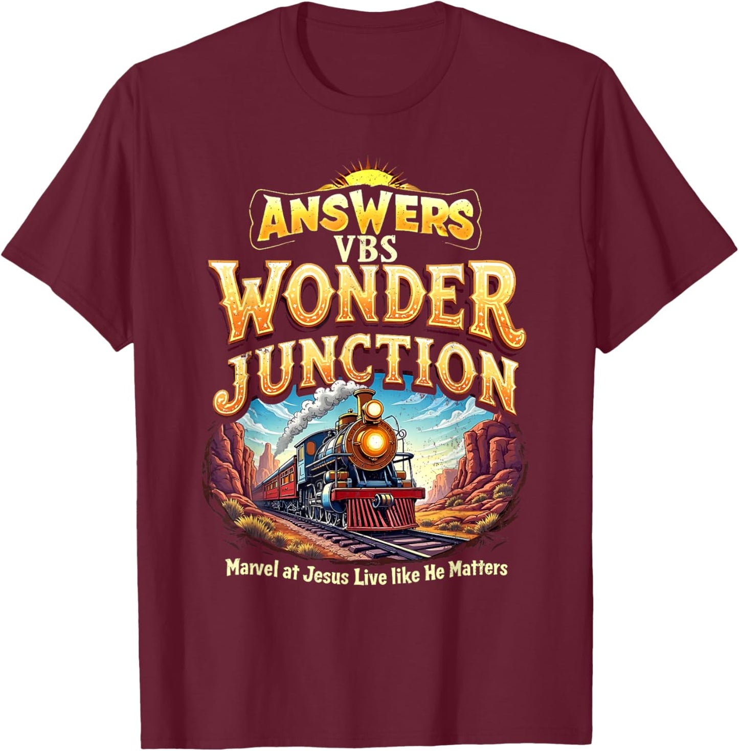 Vintage Wonder Junction VBS Train Theme Christian Apparel T-Shirt - T-Shirt | Maroon