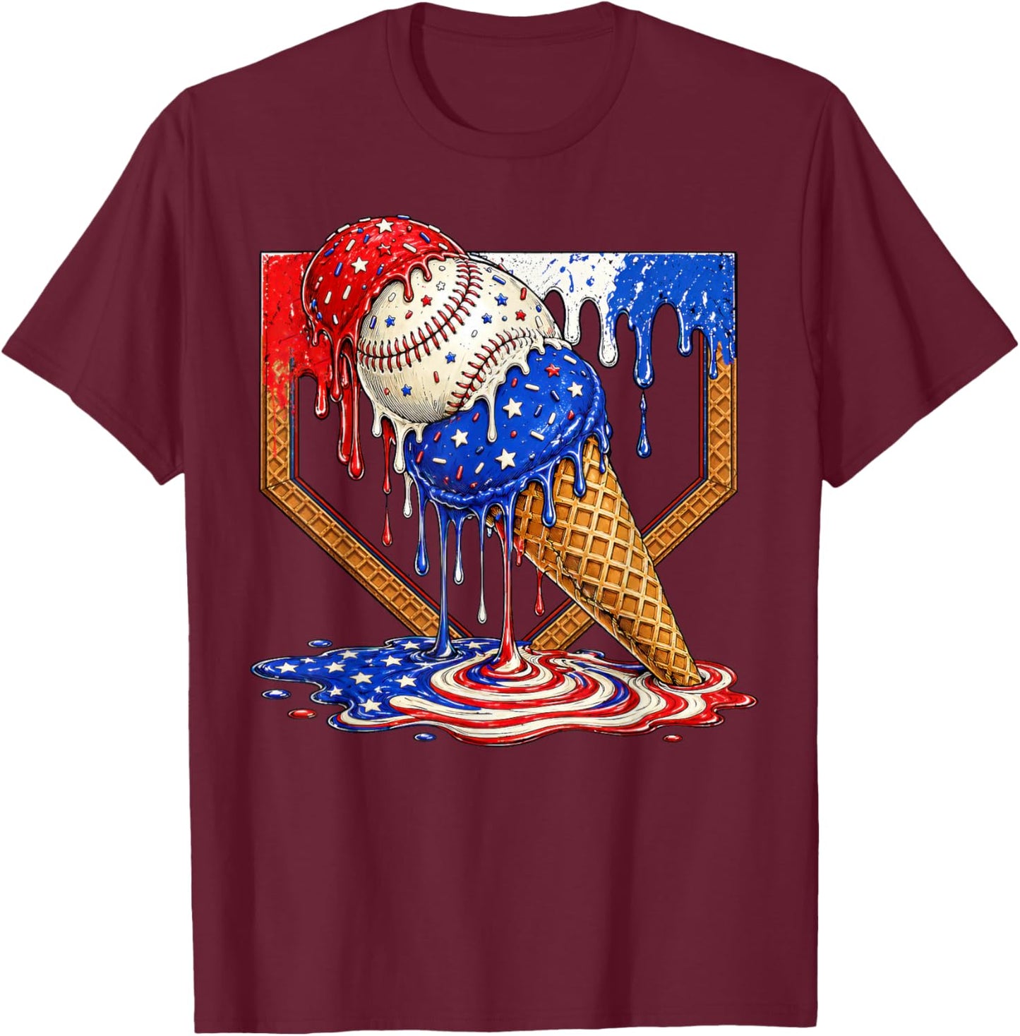 Baseball Ice Cream Drip 4th of July Shirts Boys Youth Kids T-Shirt - T-Shirt | Maroon