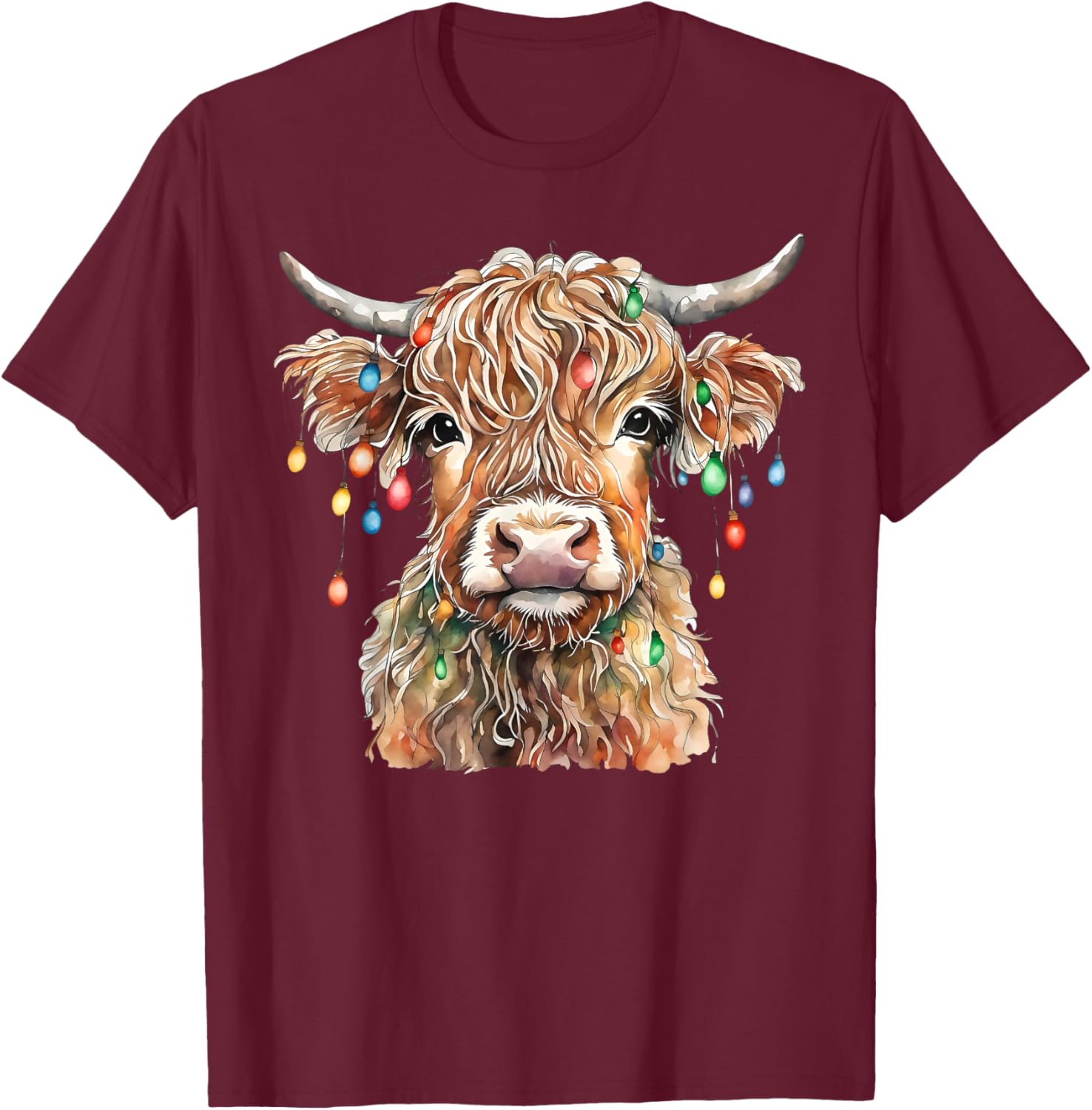 Highland Cow Xmas Lights Merry Christmas Pajamas Holiday T-Shirt - T-Shirt | Maroon