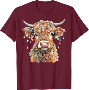 Highland Cow Xmas Lights Merry Christmas Pajamas Holiday T-Shirt - T-Shirt | Maroon