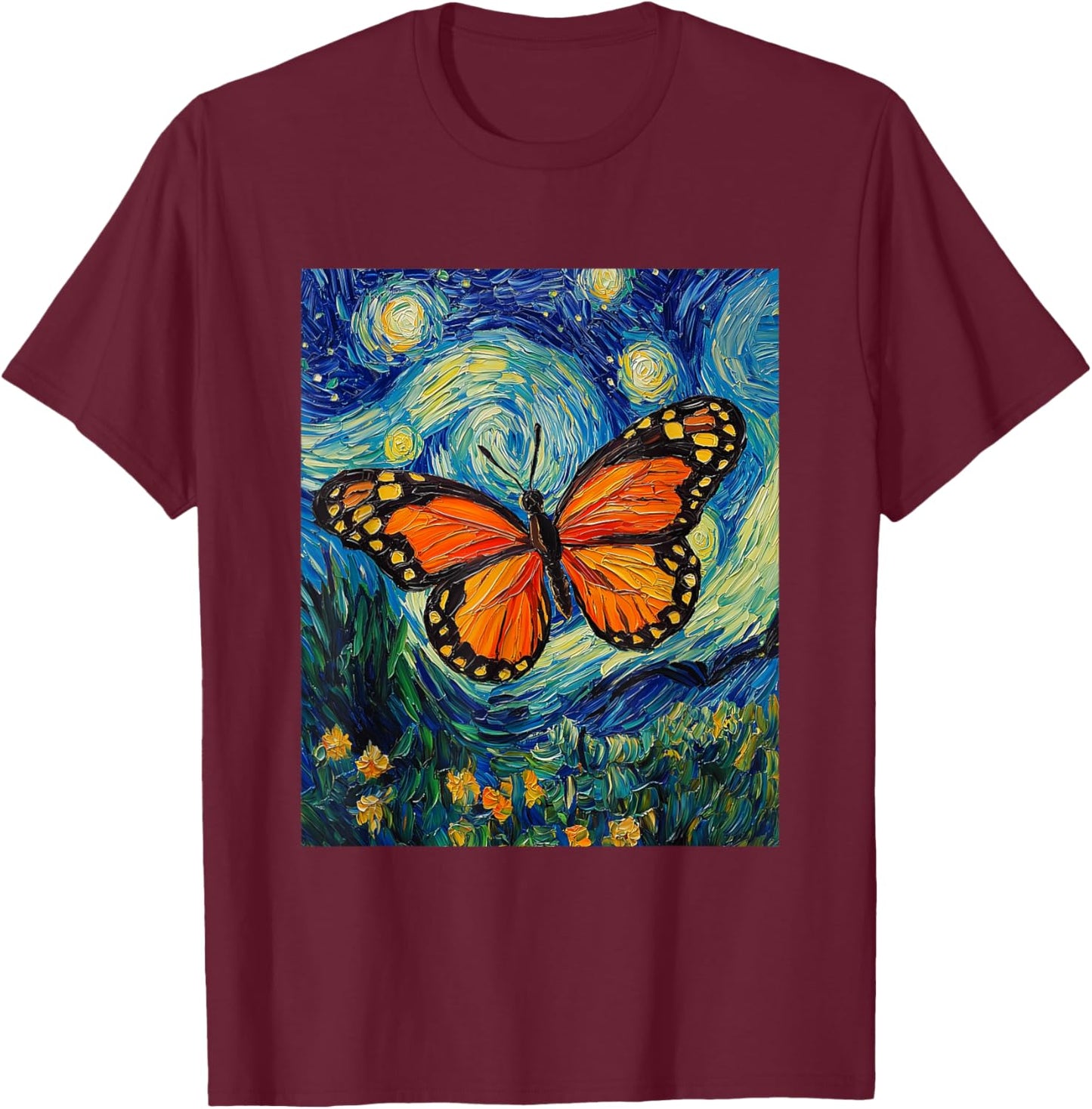 Cute Butterfly - Van Gogh Style - Starry Night T-Shirt - T-Shirt | Maroon
