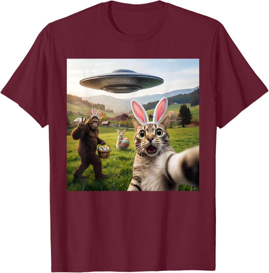 Lustiges Katzen-Selfie mit Osterhase Bigfoot UFO für Männer Frauen T-Shirt - T-Shirt | Maroon