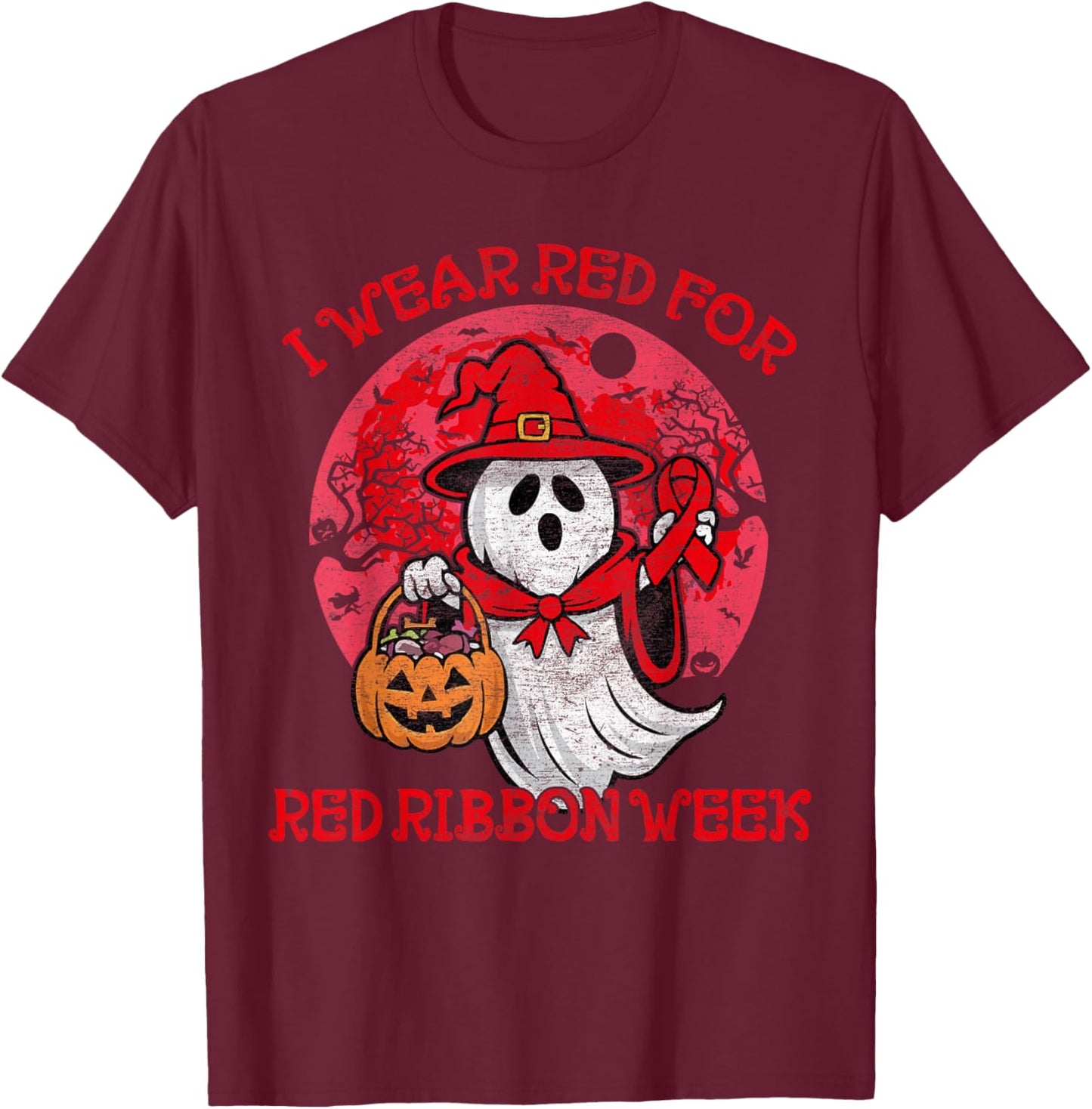 In October We Wear Red Halloween Red Ribbon Week Awareness T-Shirt - T-Shirt | Maroon