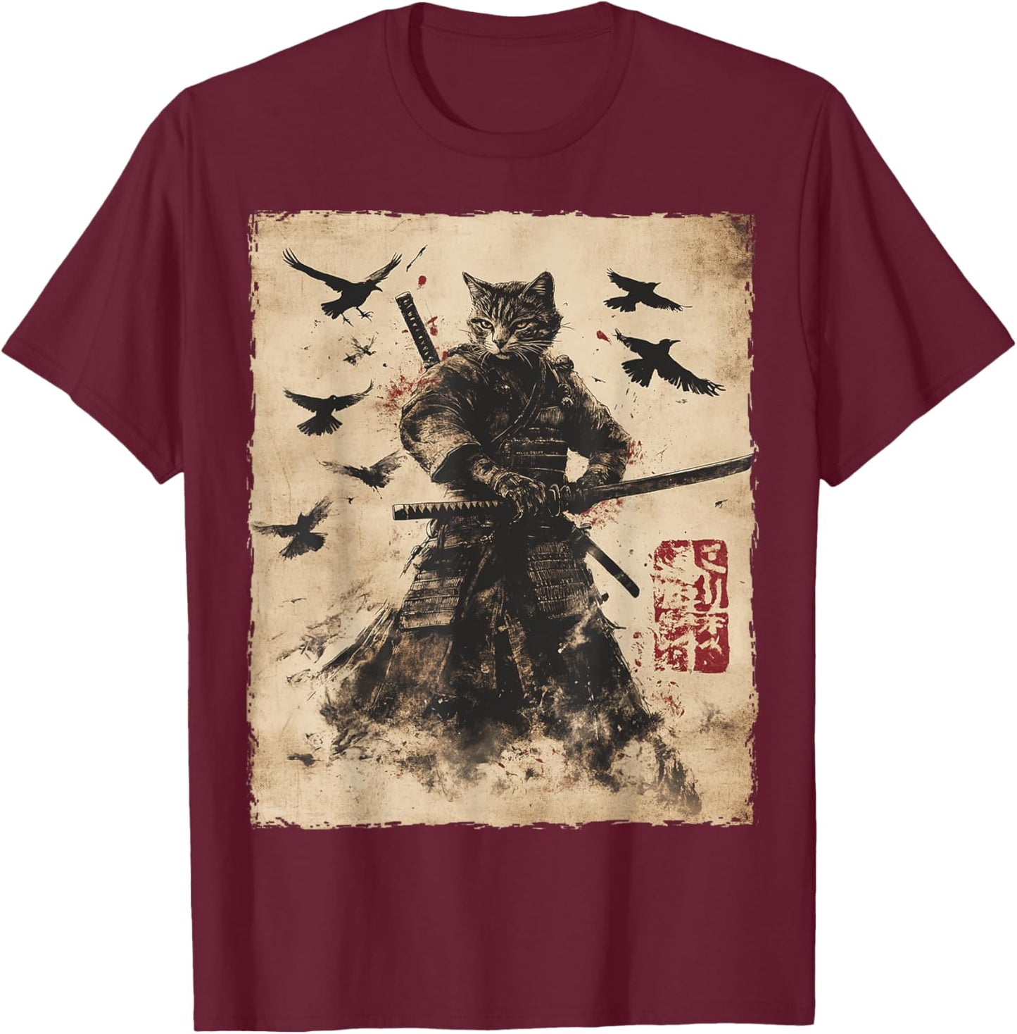 Cat Samurai Graphic Japanese Warrior Anime Men Women Kids T-Shirt - T-Shirt | Maroon