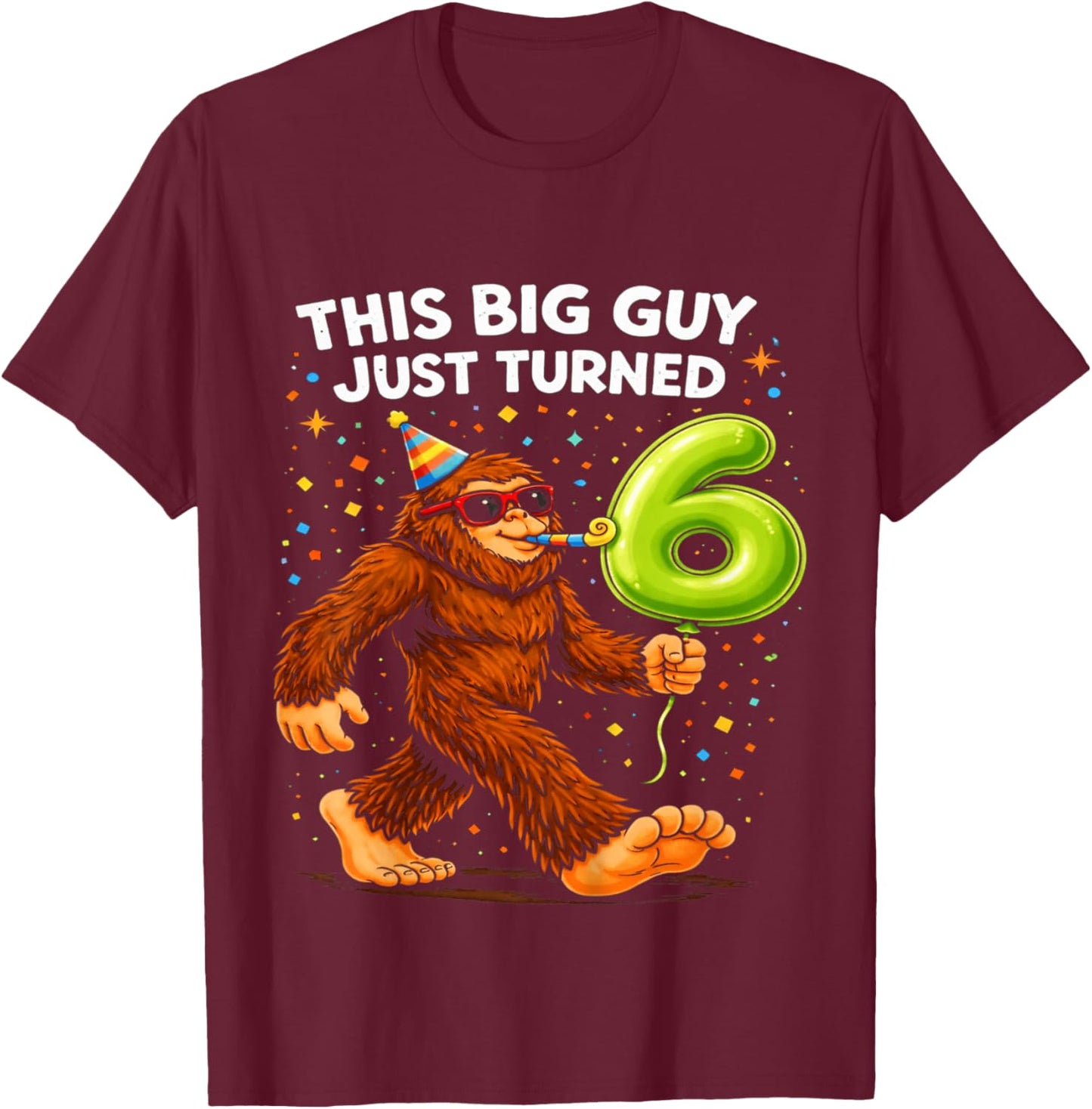 Kids Bigfoot Six 6th Birthday Sasquatch 6 Year Old Boys Kids T-Shirt - T-Shirt | Maroon