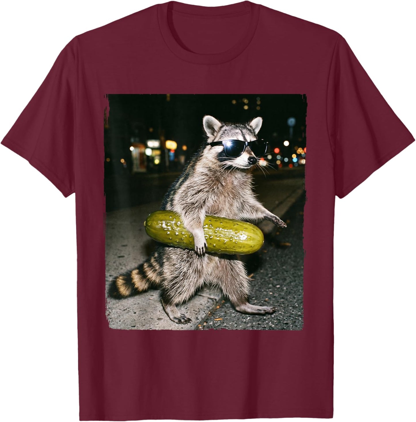 Raccoon Walking Funny Pickles Meme T-Shirt - T-Shirt | Maroon