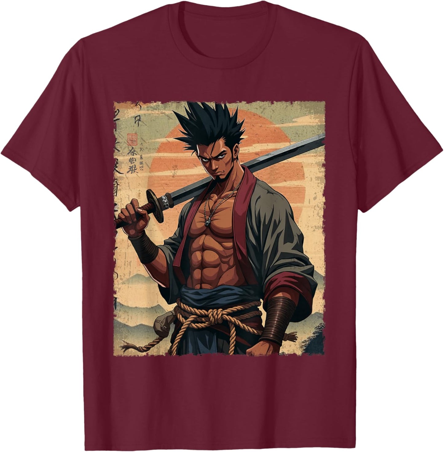 African Samurai Anime Afro American Bushido Warrior Katana T-Shirt - T-Shirt | Maroon