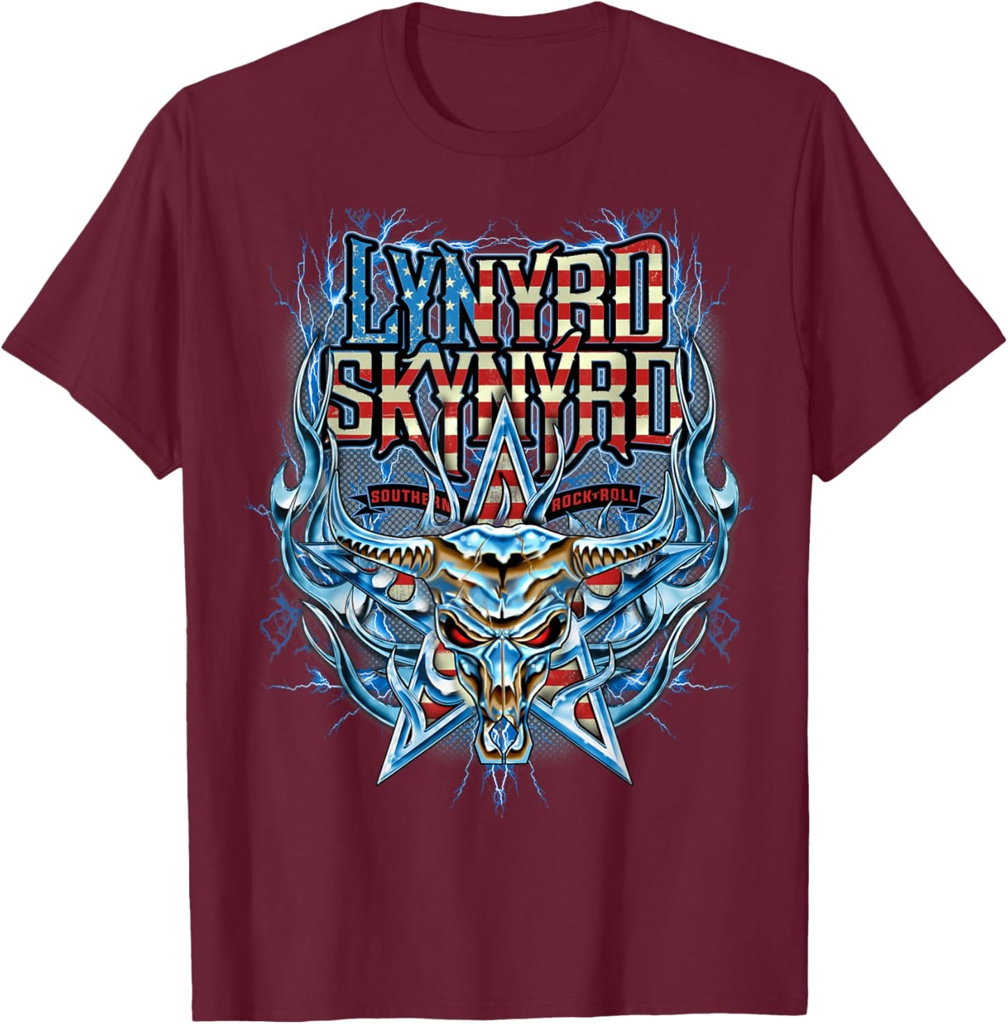 Lynyrd Skynyrd Steer USA Flag Southern Rock 80s Retro T-Shirt - T-Shirt | Maroon
