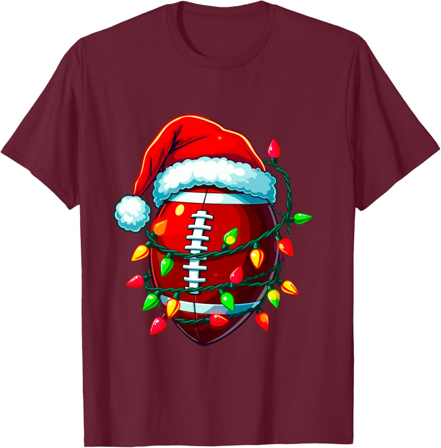 Football Christmas Pajama Family Matching Santa Hat Lights T-Shirt - T-Shirt | Maroon