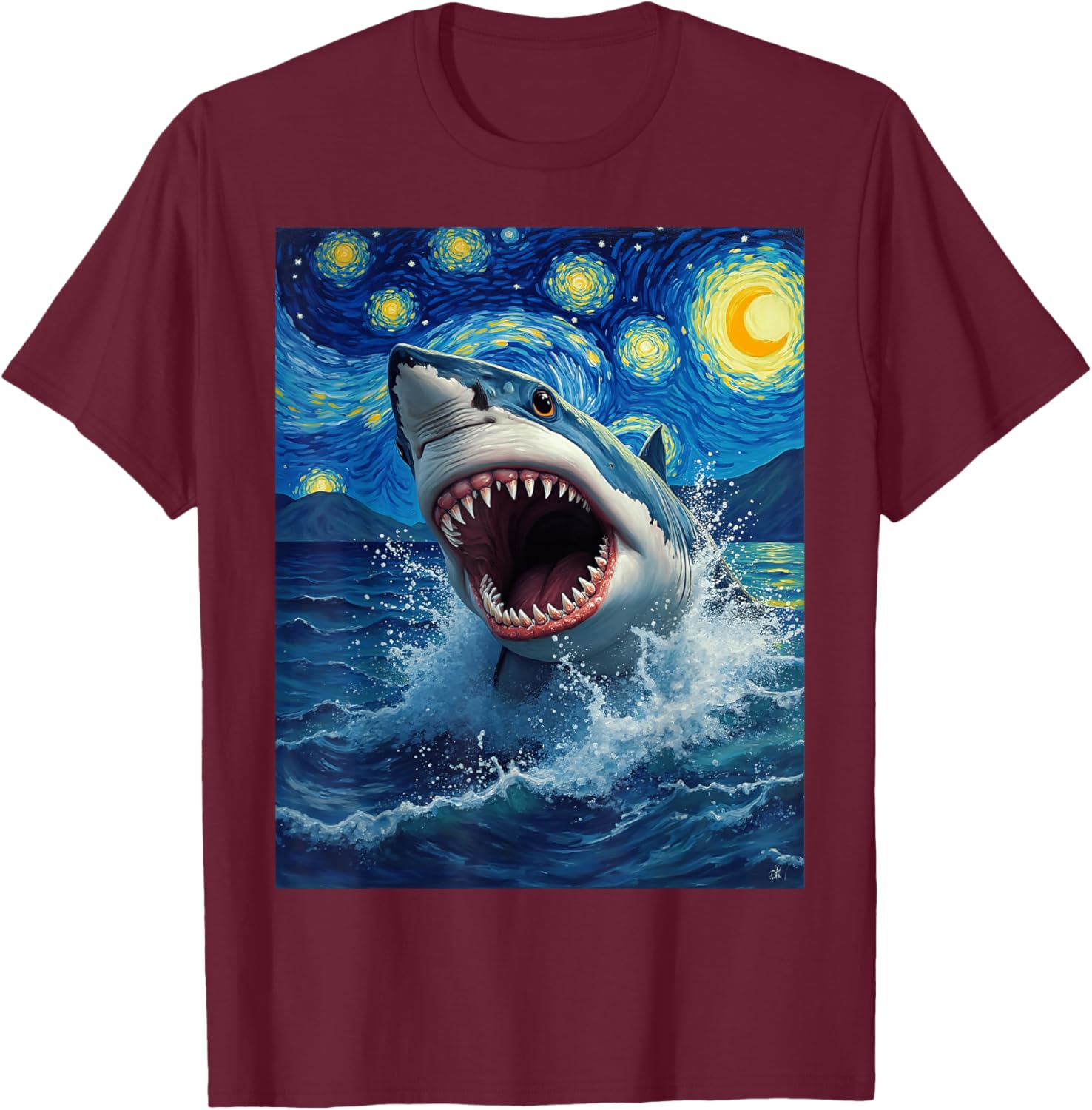Van Gogh's Starry Night Shark Ocean Animal Lovers T-Shirt - T-Shirt | Maroon