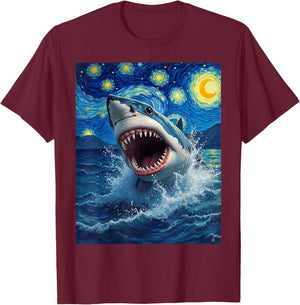 Van Gogh's Starry Night Shark Ocean Animal Lovers T-Shirt - T-Shirt | Maroon
