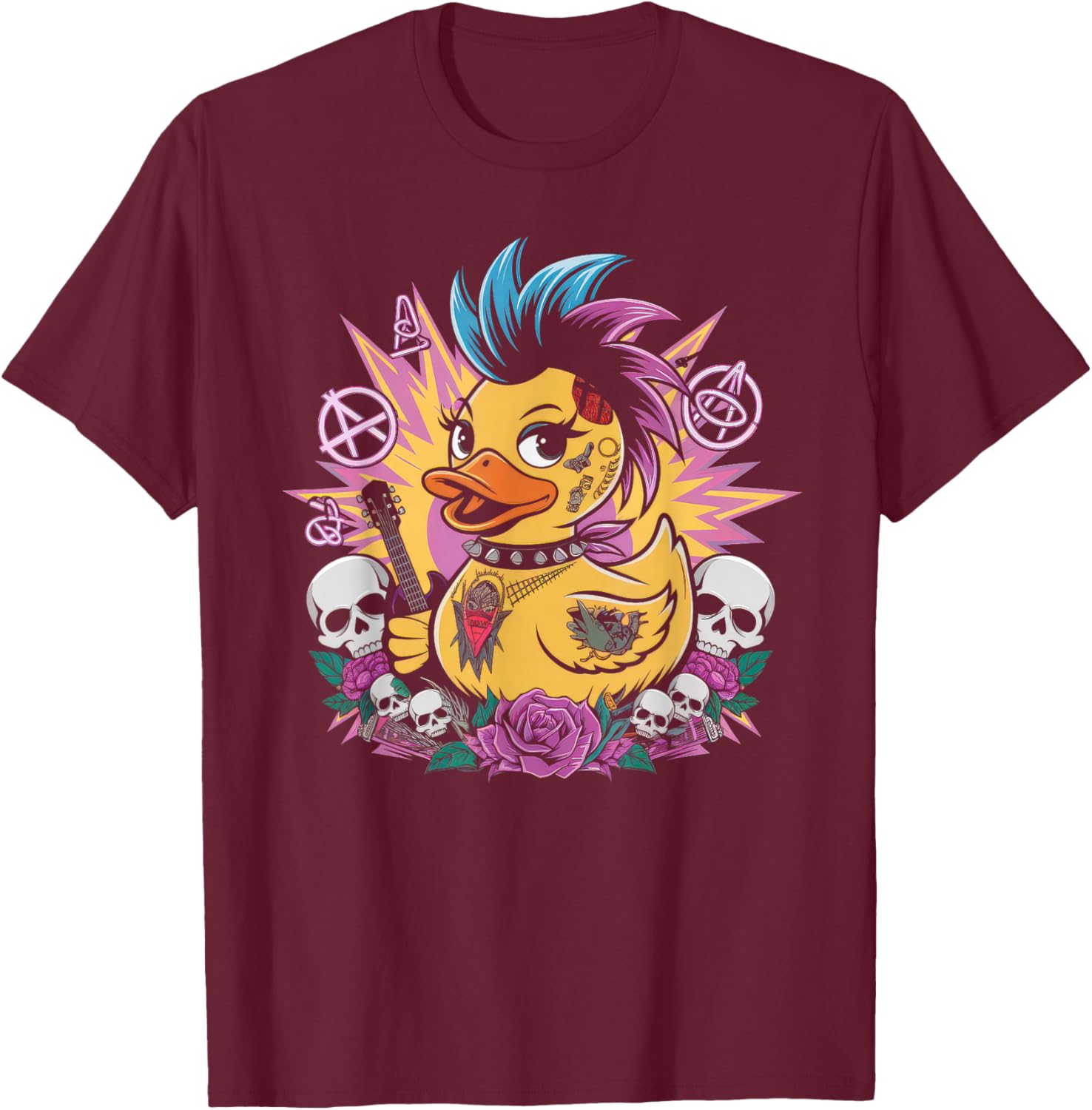 Punk Men's Women Duck Rock Ducker Anarchy Punker T-Shirt - T-Shirt | Maroon