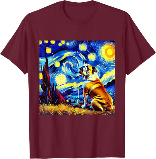 French Bulldog Van Gogh Starry Night Animal Frenchie Dog T-Shirt - T-Shirt | Maroon