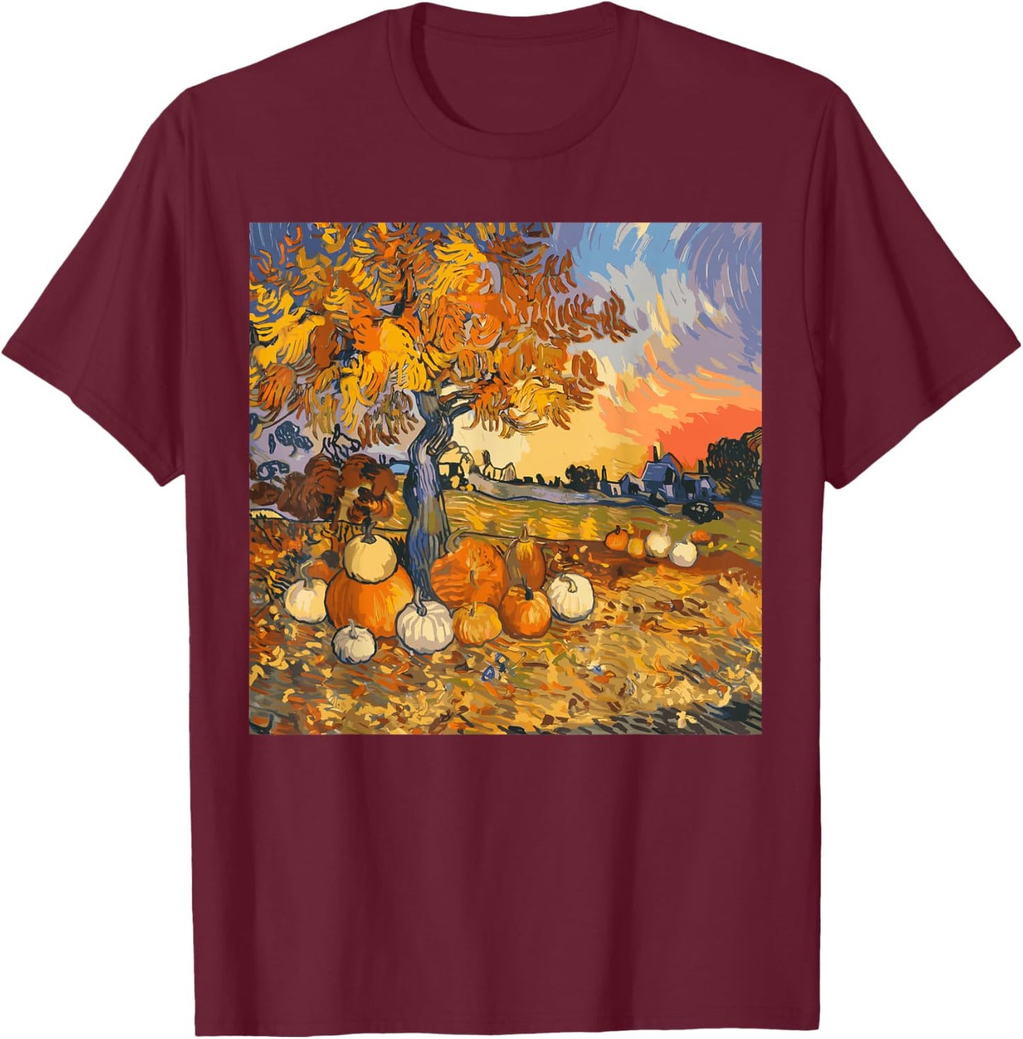 Autumn Aesthetic Fall Lovers Van Gogh Autumn Leaves Pumpkins T-Shirt - T-Shirt | Maroon