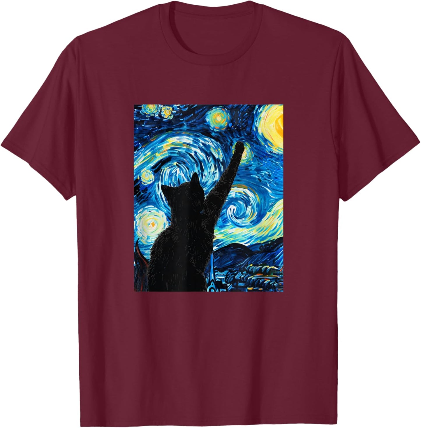 Van Gogh Starry Night Cat Lover Kitten Women T-Shirt - T-Shirt | Maroon