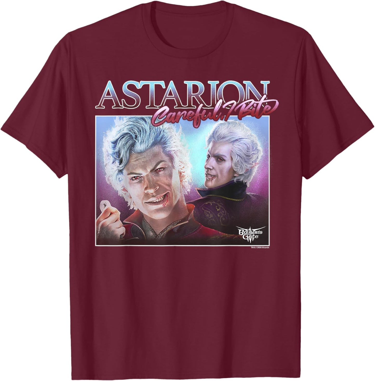 Dungeons & Dragons Careful I Bite Astarion Portrait T-Shirt - T-Shirt | Maroon