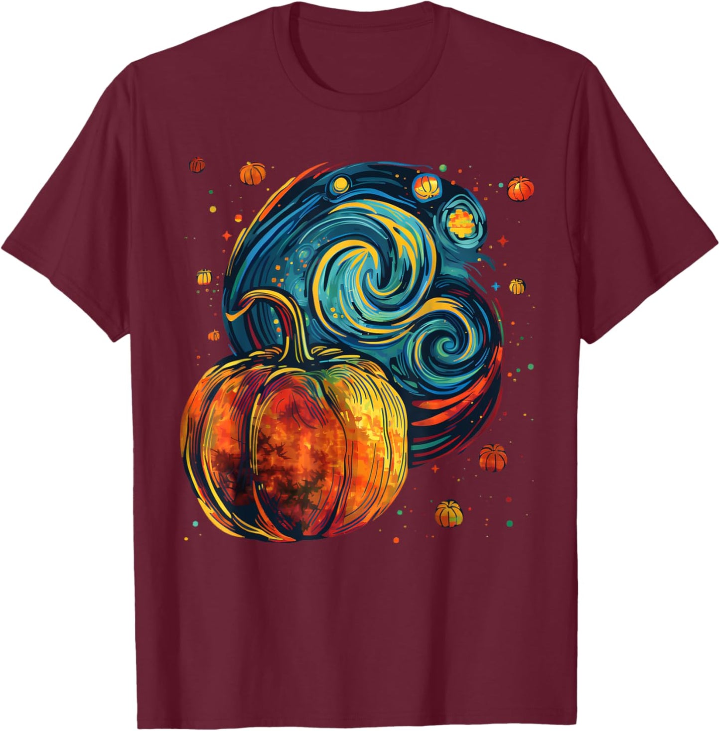 Cute Pumpkin Halloween Thanksgiving Starry Night Van Gogh T-Shirt - T-Shirt | Maroon