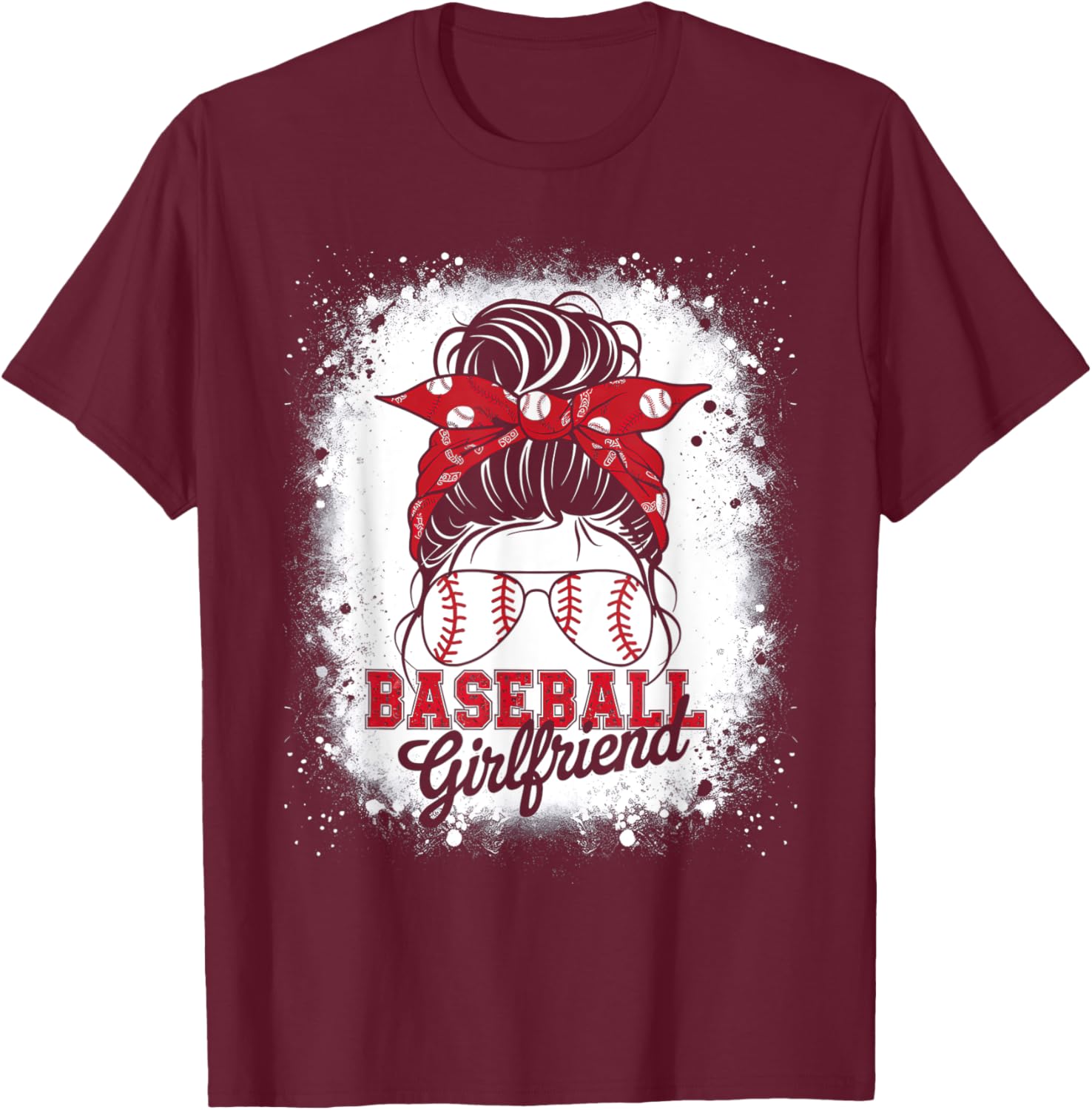 Baseball Girlfriend Messy Bun Hair Leopard Mother's Day 2025 T-Shirt - T-Shirt | Maroon