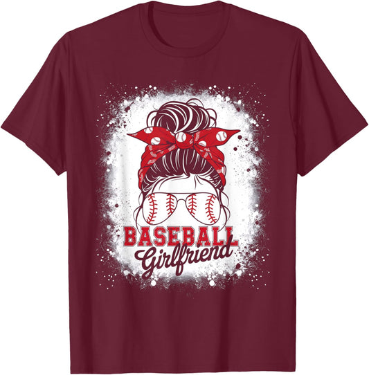 Baseball Girlfriend Messy Bun Hair Leopard Mother's Day 2025 T-Shirt - T-Shirt | Maroon