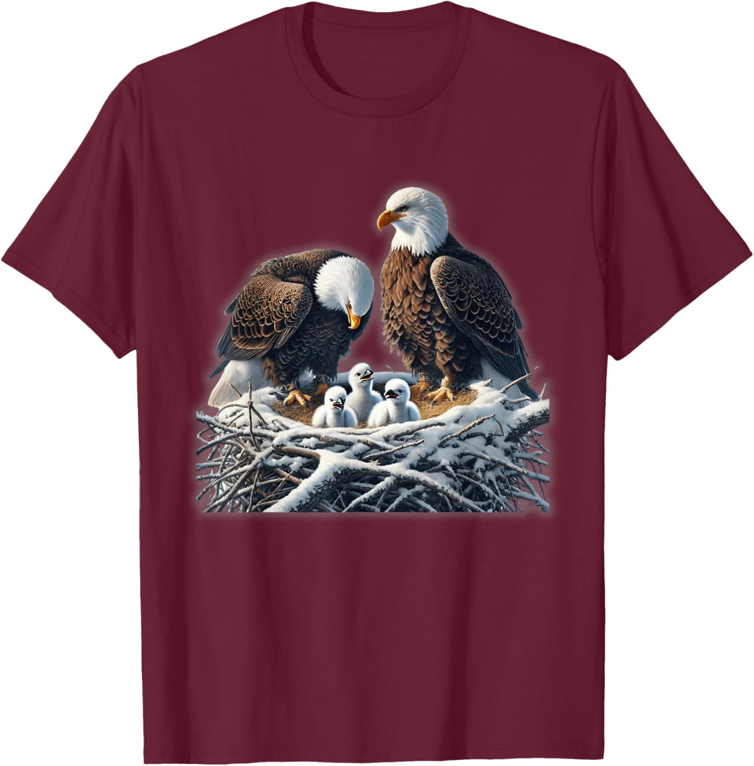 Bald Eagle Dad Mom Three Eaglet Chicks Babies in The Nest T-Shirt - T-Shirt | Maroon