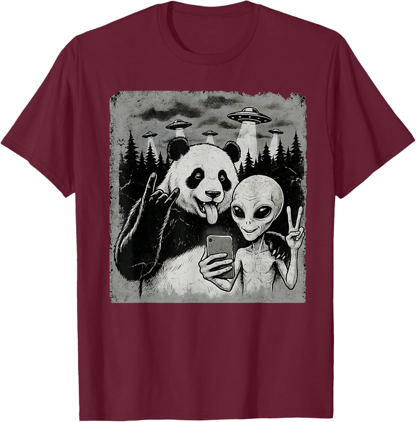 Funny Panda and Alien Rock On Hand Sign UFO Selfie T-Shirt - T-Shirt | Maroon