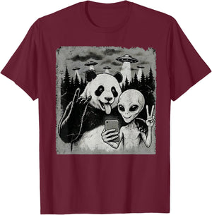 Funny Panda and Alien Rock On Hand Sign UFO Selfie T-Shirt - T-Shirt | Maroon