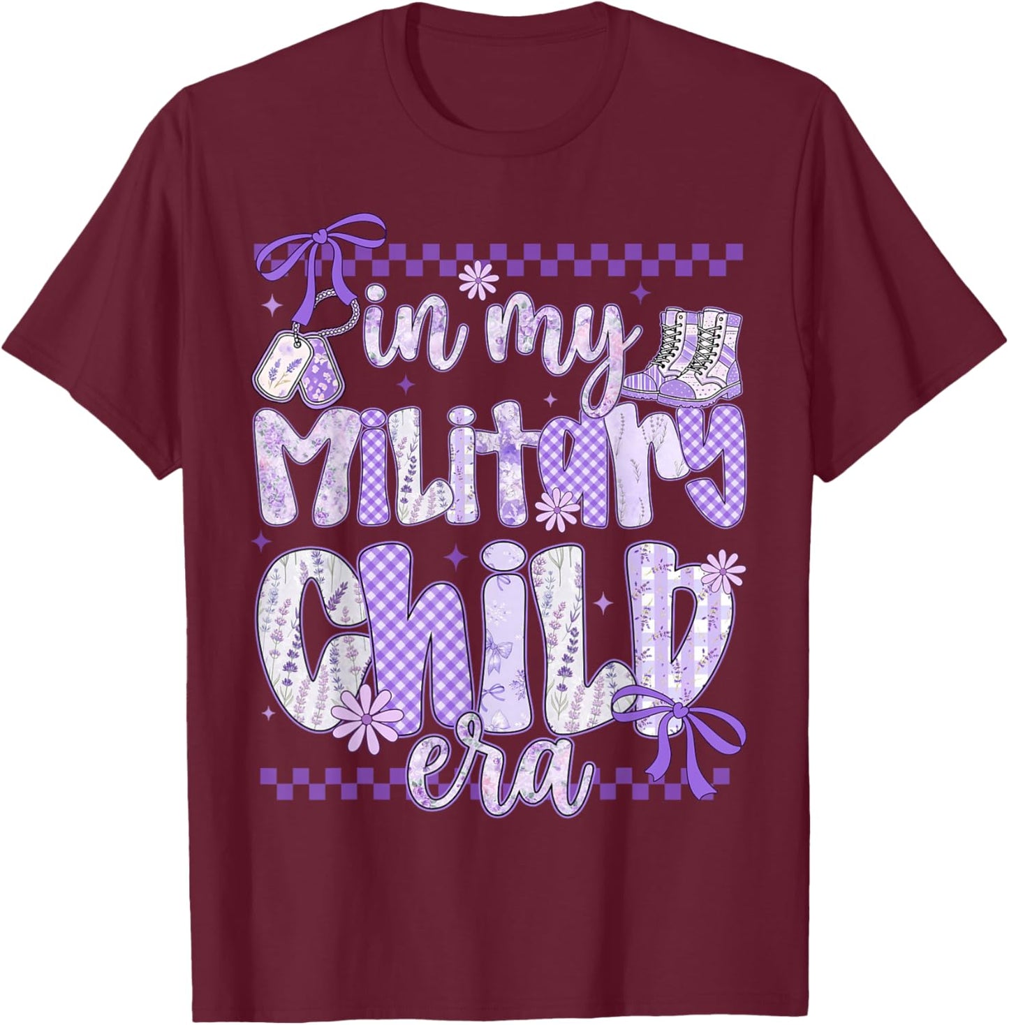 in My Military Child Era Coquette Bow Purple Up for Military T-Shirt - T-Shirt | Maroon