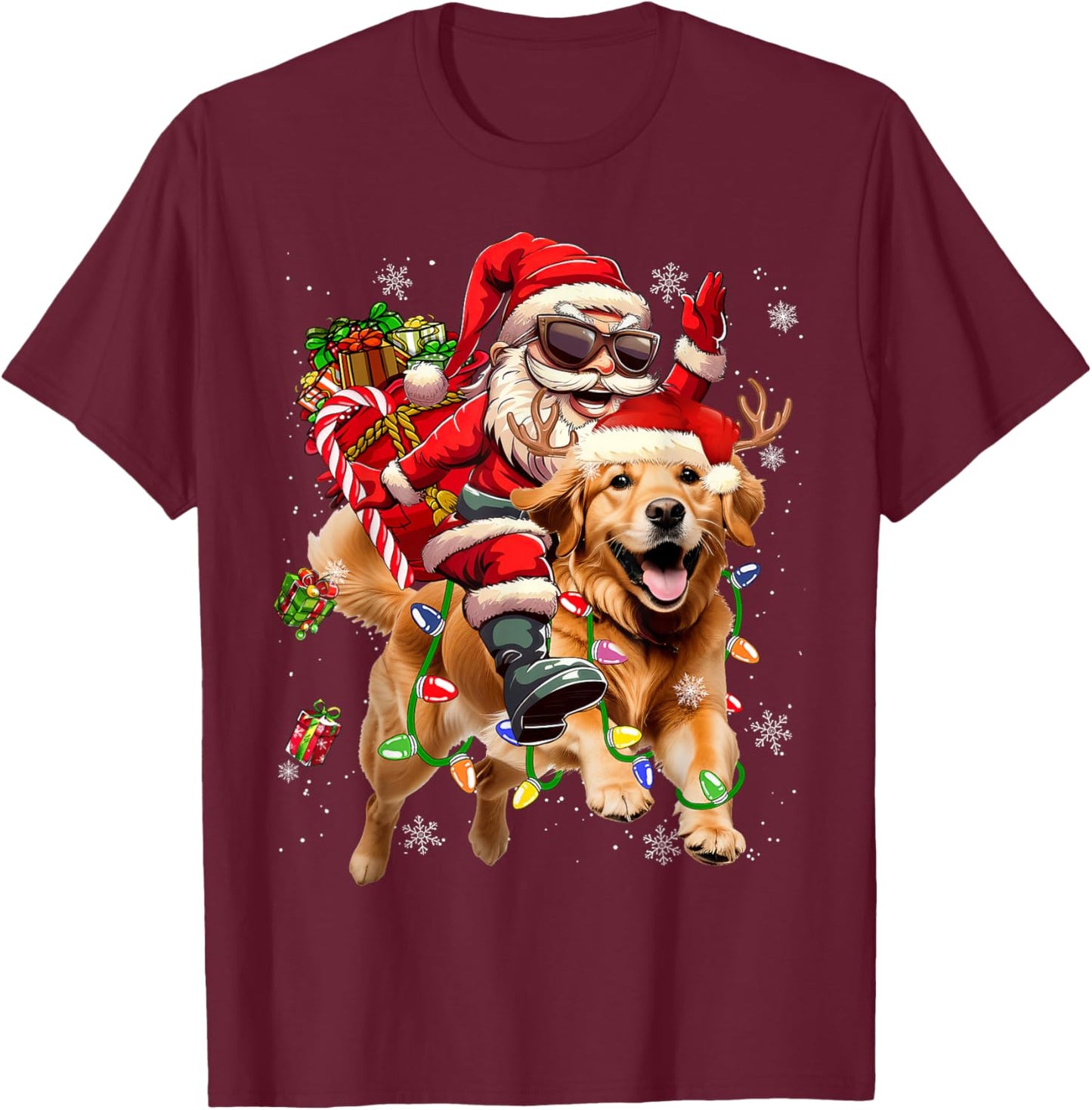 Merry Christmas 2025 Santa Riding Golden Retriever Dog Xmas T-Shirt - T-Shirt | Maroon