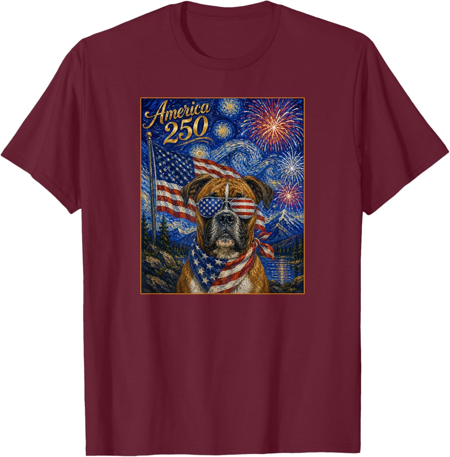 Boxer Dog Art on America 250 Anniversay 4th of July USA Flag T-Shirt - T-Shirt | Maroon