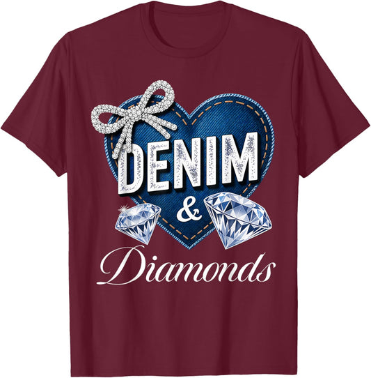 Denim and Diamonds Western Cowgirl Men Girls T-Shirt - T-Shirt | Maroon