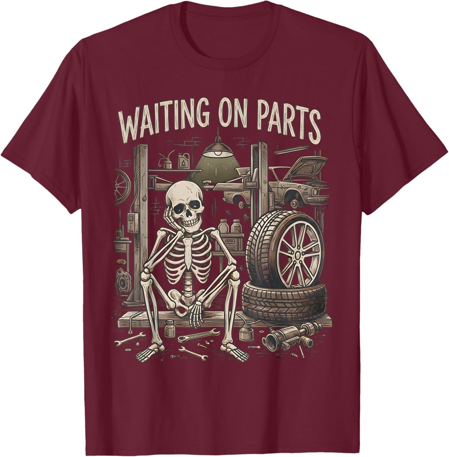 Waiting On Parts Funny Skeleton Auto Mechanic Technician T-Shirt - T-Shirt | Maroon